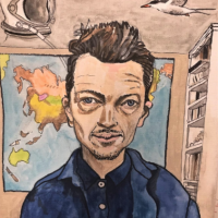 This artwork depicts a white male teacher from the chest up with short brown hair a button up blue shirt and blue jacket. The background shows a space helmet, a flying seagull, a world map and a bookshelf.