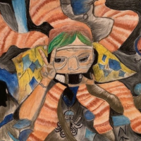 This artwork made with colored pencils depicts a teacher with white skin and green hair wearing a snorkel mask and giving a peace sign with their hands. The background has orange striped octopus legs radiating out from the figure.