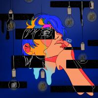 This digital artwork depicts a floating head and hand with peach and pink tones. The figure has blue and multicolored hair looking up pensively. There are lightbulbs hanging from the top of the image and a navy blue background and black rectangles that illuminated parts of the figures like x-rays with white outlines