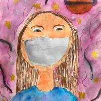 This artwork depict a girl with long brown hair, peachy skin and a surgical mask over her face. The figure is wearing a blue shirt and the background has stars, lines and Saturn