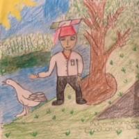 drawing with colored pencils of a green landscape with a body of water and a tree. There is a white goose and a young boy wearing a graduation hat with stripes representing the Mexican flag.