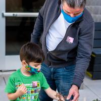 Father and son touching a plant in the garden