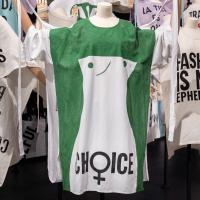 Mannequin wearing a pro-choice shirt made by Carla Fernandez.