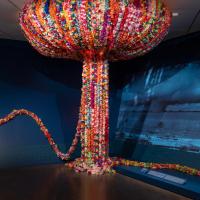 Gallery view of a colorful installation made to resemble a bomb explosion