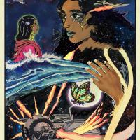 Colorful painting of a young Indian woman looking up to a larger-than-life goddess-sized woman