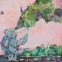 Watercolor painting of a figure in a spacesuit sitting and looking up to a dreamlike wolf-shaped creature