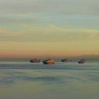 Cargo ships on the sea during a very early morning sunrise