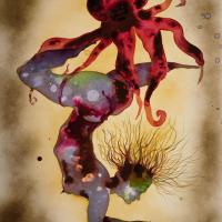 Female figure upside down with an octopus on top of her legs