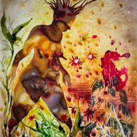 Figre emerging tall out of a fiery flower bed