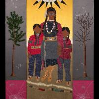 Indigenous mother and her son and daughter under the sun and in nature