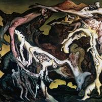 Surrealist watercolor painting of a nightmare landscape