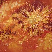 Abstract orange and yellow painting resembling fireworks or energy exploding