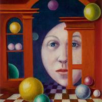 Surrealist painting of a face looking in on a doorway