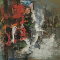 Abstract painting representing the dark aftermath of a forest fire