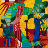 Abstract cubist colorblock painting resemble a landscape and a human figure at the same time