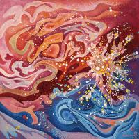 Abstract swirling colors artwork of reds and blues melting into each other