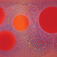 Abstract colorblock photo with four red swirling circles of different sizes