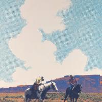 Enamel print painting of two cowboys on horseback in the desert