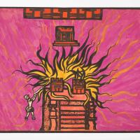 Watercolor painting of a temple on fire