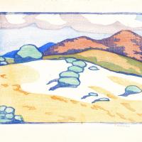 Woodblock pastel-colored painting of a scenic mountain valley in New Mexico