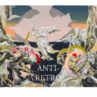 Screenprint artwork with the words "anti-retro" set against an abstract backdrop of human figures and waves