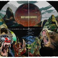 Savage, teeth-baring animals like a monkey and a brown bear centered around a dark, surreal mountain landscape