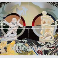 Larger-than-life white sculpture-like figures set against a surreal, colorful landscape