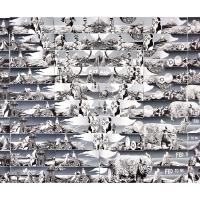 Repeating panels depiciting a white, tall, Babel-like building structure