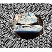 Serena lake landscape in the center of a swirling black and white-patterned vantage point