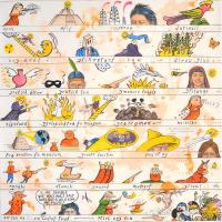 Codex panel depiciting small images and iconography about Mexico, styled like a cartoon strip