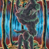 Kneeling figures in the middle of a cursed forest of tall trees