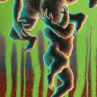 Intertwined figures hanging from a fruit tree like branches