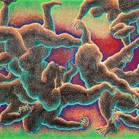 Pyschadelic dot color painting with figures with outstretched limbs intertwined