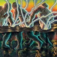 Larger-than-life figures emerging from a pile of skulls in an abstract landscape