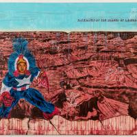 Mixed media artwork of an Indigenous woman in a vast canyon