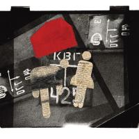 Collage of a black and white photograph and newspaper prints