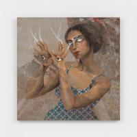 Figure with eyes on her hands with her hands outstretched in front of her