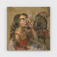 Woman in red dress smoking a cigarette