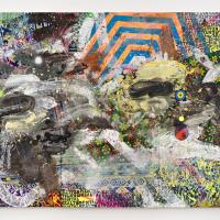Abstract painting of swirling paint, dots, and patterned lines