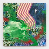 Abstract painting of green swirling paint and red and white patterned lines