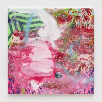 Abstract painting of pink and red shapes, dots, lines, and patterns.