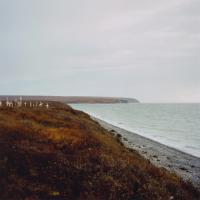A photograph looking down a hilly coastline on a cloudy day. On one of the coastal hills in the middle distance, a collection of graveyard markers sit at various angles.