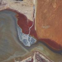 A high altitude photo of the Salt Lake basin where a source of water pours into the basin, creating a delta-like pattern of grey water blending into the brackish brown of the lake.
