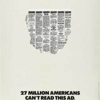 Ripped newspaper ad image with text &quot;27 Million Americans Can&#039;t Read This Ad.&quot; Design by Julius Friedman.