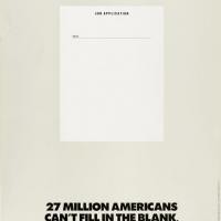 Image of blank paper with line for name. Text: 27 Million Americans Can&#039;t Fill in the Blank. Designed by Julius Friedman.