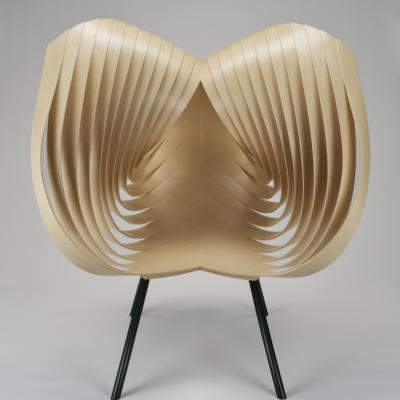 chair made of strips of bent white ash and steel