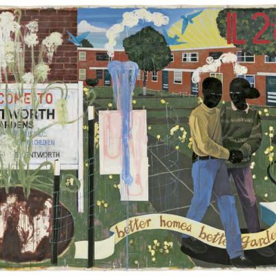Kerry James Marshall, Better Homes, Better Gardens, 1994. Acrylic paint and paper collage on canvas. Funds from Polly and Mark Addison, the Alliance for Contemporary Art, Caroline Morgan, and Colorado Contemporary Collectors: Suzanne Farver, Linda and Ken