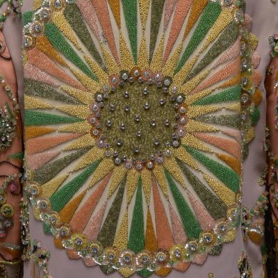 Silk chiffon printed with “Gioielli” motif and beads