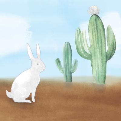 illustration of a white bunny next two 2 cactus with blue sky and clouds behind them
