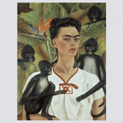 Frida Kahlo surrounded by monkeys and green leaves